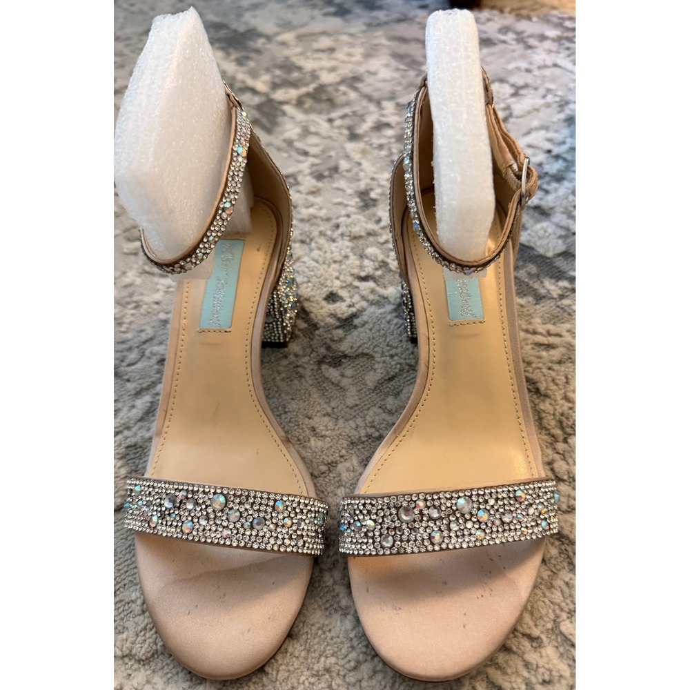 Blue by Betsey Johnson SB-MARI Champagne Rhinestone Block Heel Sandals 6